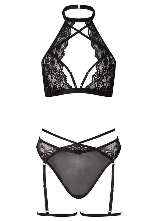 Rosella Lace Halterneck Crotchless Lingerie 2 Piece Set - Black - Image 2